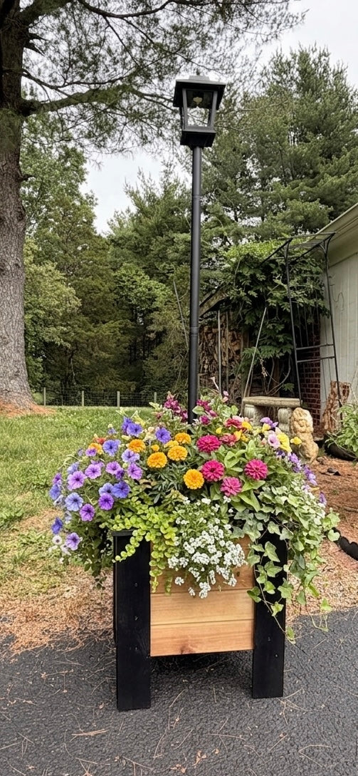 Handcrafted Raised Cedar Planter with solar lamp